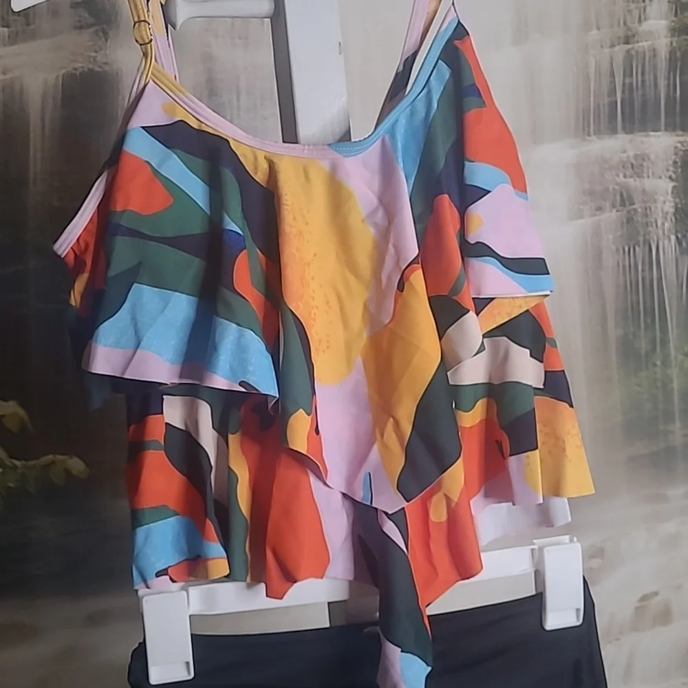 New! Missky Womens Small vibrant colors ruffle layered tankini swim suit
